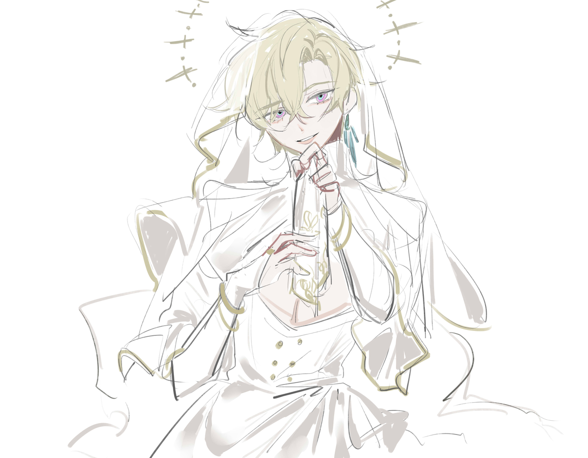 a digital drawing of a male anime character with blonde hair. he is wearing a white dress and a white robe, with a halo above his head.  his eyes are a purple color. he looks cute and sweet. he is looking down at the viewer, with a slightly shy smile. he seems to be wearing a wedding dress.