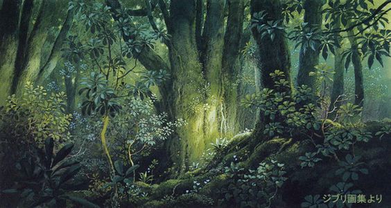 the image is a painting of a lush green forest.  the light filters down through the canopy of leaves, creating a dappled effect on the forest floor.  the trees are tall and slender, and the undergrowth is thick with ferns and other plants. the overall atmosphere is one of peace and tranquility.