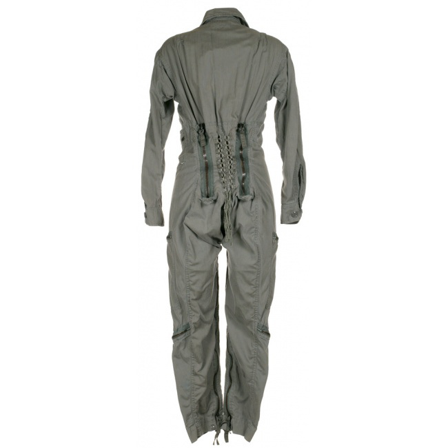 a back view of a green flight suit with a zipper up the back.