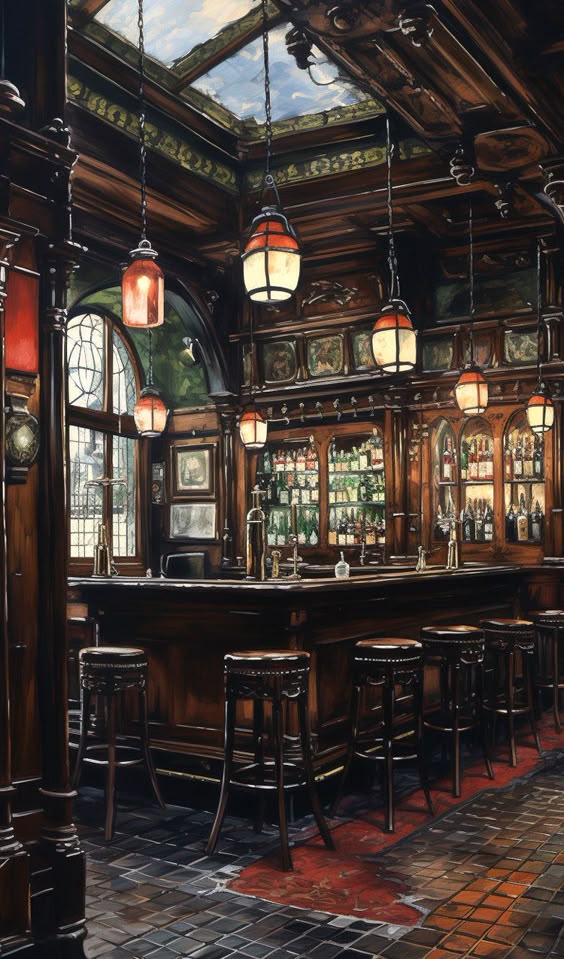 the image showcases the interior of a traditional bar, featuring a wooden counter lined with stools and adorned with numerous hanging lamps. the back wall is lined with shelves filled with bottles, creating an ambiance of a classic, rustic pub. the warm lighting and dark wood tones lend the space a sense of cozy intimacy. the detailed painting captures the richness of the bar's design and the sense of history it evokes.
