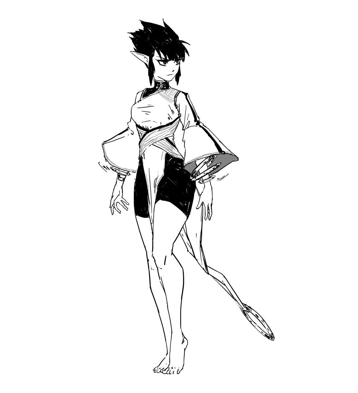 he image is a black and white illustration of a stylized female anime or manga character. she appears to be an elf, judging by her pointed ears. she is wearing a unique outfit that blends elements of fantasy and modern fashion. her pose is elegant and confident, and her expression is serious or perhaps slightly aloof. the art style is reminiscent of a sketch or concept art, with visible linework and shading. the background is plain white, allowing the character to be the clear focus. the overall feel is one of fantasy and style.