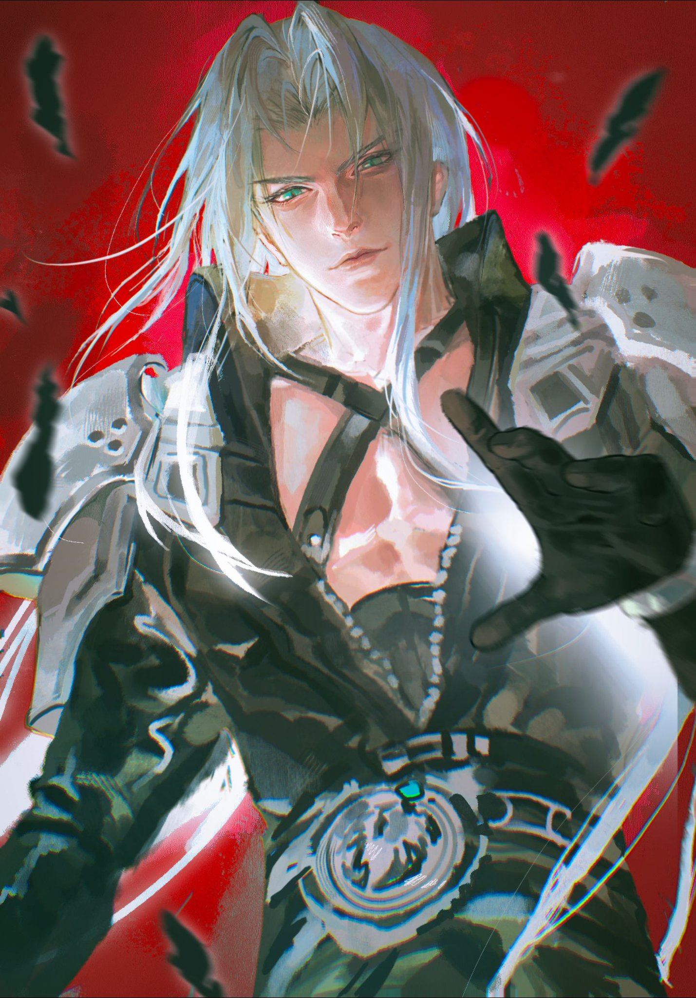 a digital illustration of a young male anime character with white hair, standing in a fighting pose with a closed fist. he is wearing black clothes and has long white hair. the background is red with a black outline of wings. the character has an intense expression on his face, with a hint of seriousness in his eyes. he is ready to fight.