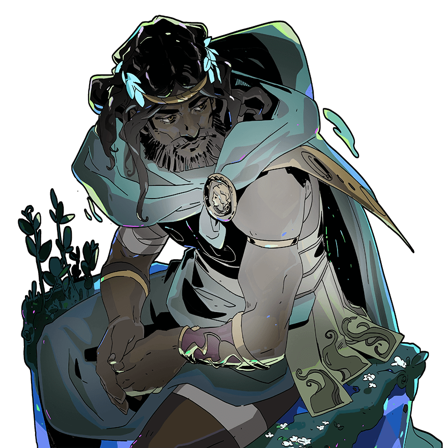 a digital illustration of a  man dressed in a blue cloak and armor, with laurel wreath on his head, holding a weapon and standing in a heroic pose.