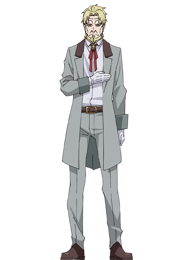 this is a digital illustration of a male anime character. he has blond hair, is wearing a grey suit with a red tie, white gloves, and a serious expression. he is standing and isolated against a white background.