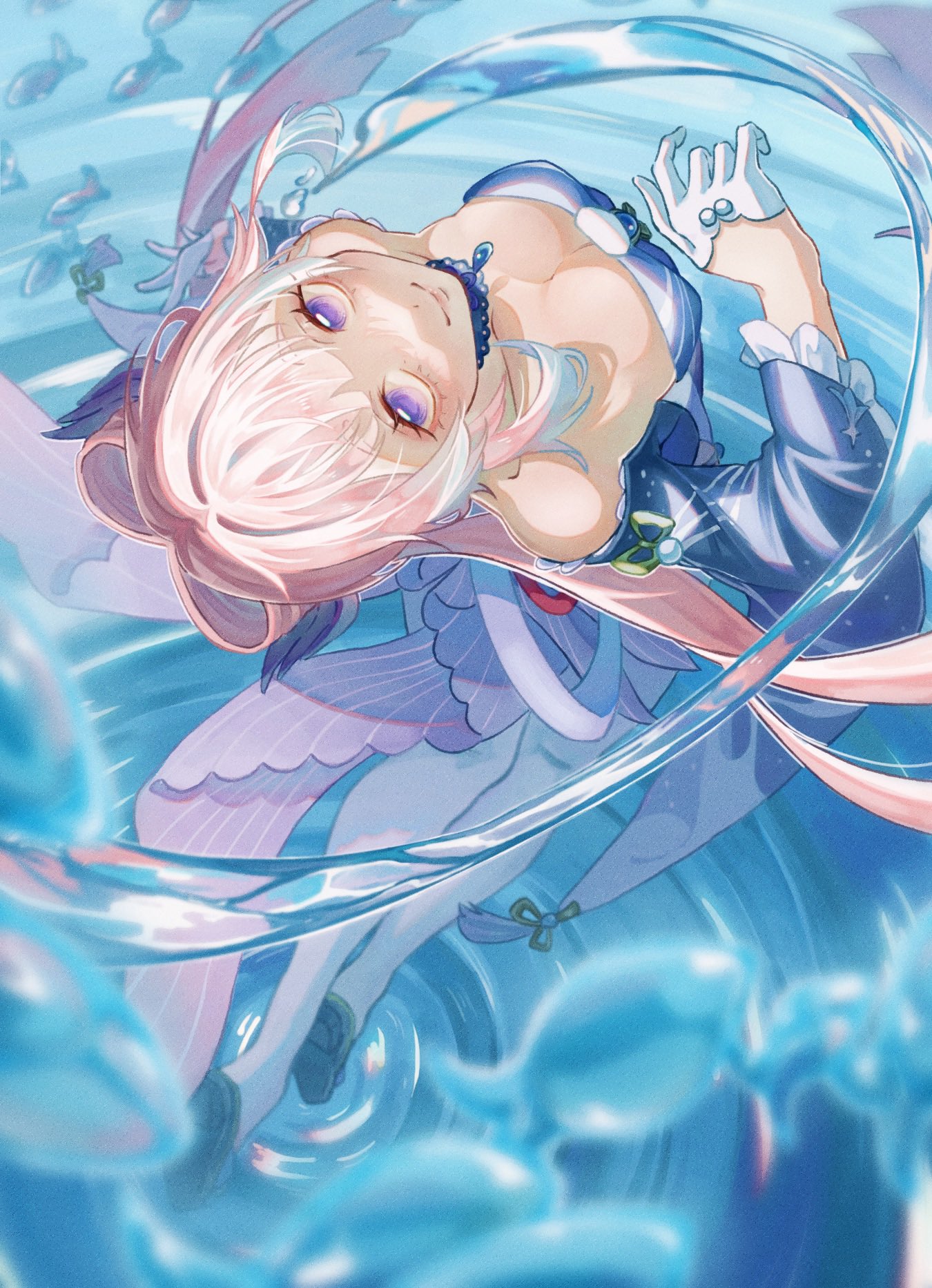 the image features an anime girl with long pink hair and blue eyes floating underwater. she is wearing a white dress with blue accents and white gloves. she has a magical aura surrounding her, and there are fish and bubbles in the water. the image is set in a swirling, underwater fantasy world. the girl looks cute and adorable.