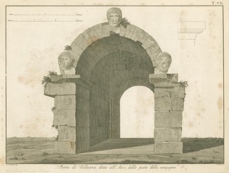 an architectural drawing of the porta di volterra, a stone arch with three stone heads atop it. the arch is drawn in a monochromatic style and appears to be in ruins. a sketch of a stone molding is included at the top right. the image depicts the arch from the outside, showing the surrounding landscape. there is an inscription beneath the arch.