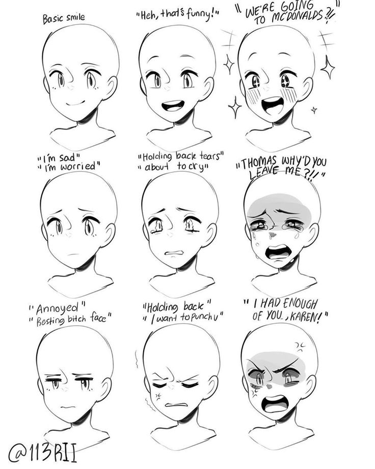 the image shows a guide on how to draw anime and manga faces with different emotions and expressions.  the guide shows a simple base face structure and then different examples of expressions. the guide is titled "basic smile", "heh, that's funny!" and "we're