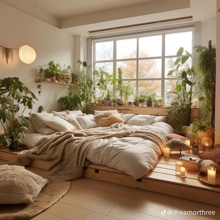 this image shows a cozy bedroom featuring a platform bed with lots of pillows and a throw blanket. the room is decorated with numerous plants placed around the bed, on a shelf, and in front of a large window. natural light streams through the window, creating a warm ambiance, enhanced by lit candles. a rug and hanging lamp add to the room's aesthetic.
