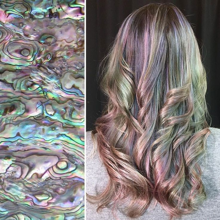 a closeup of a woman with long, wavy hair. the hair is a beautiful iridescent color, with shades of green, purple, and pink. it looks like the scales of a mermaid, with a pearlescent shine. the image is split into two, with the right side showing the woman's hair, and the left side showing a closeup of a piece of iridescent abalone shell. the image is a great example of the beauty of nature and the creativity of humans.