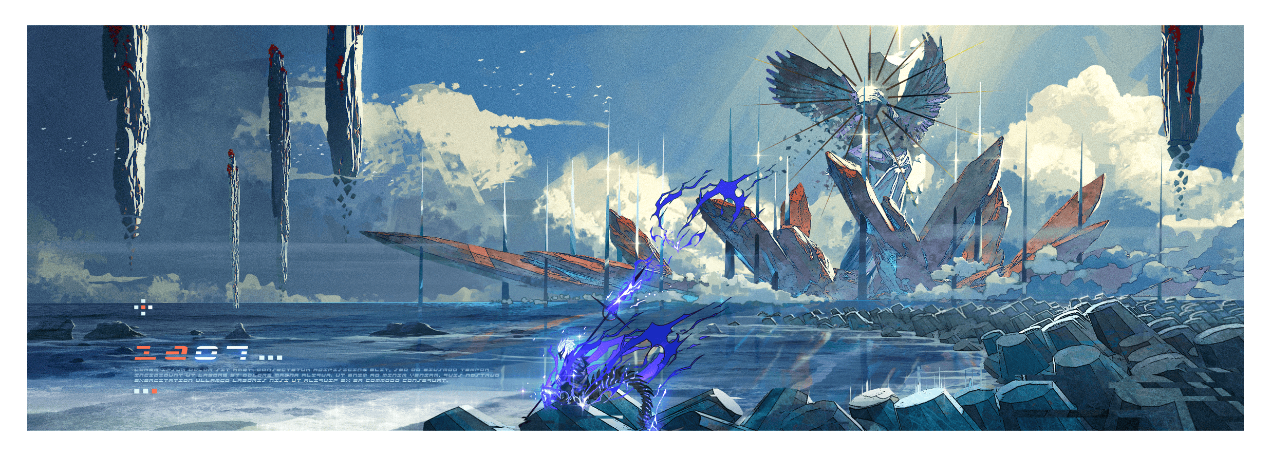 the image depicts a surreal fantasy landscape with an ocean setting. the sky is filled with clouds and towering, floating rock formations. in the distance, a large structure with an avian figure perched atop it dominates the horizon. a character stands in the foreground, enveloped in blue lightning, adding a dynamic element to the scene. futuristicstyle text is layered onto the bottom of the image.