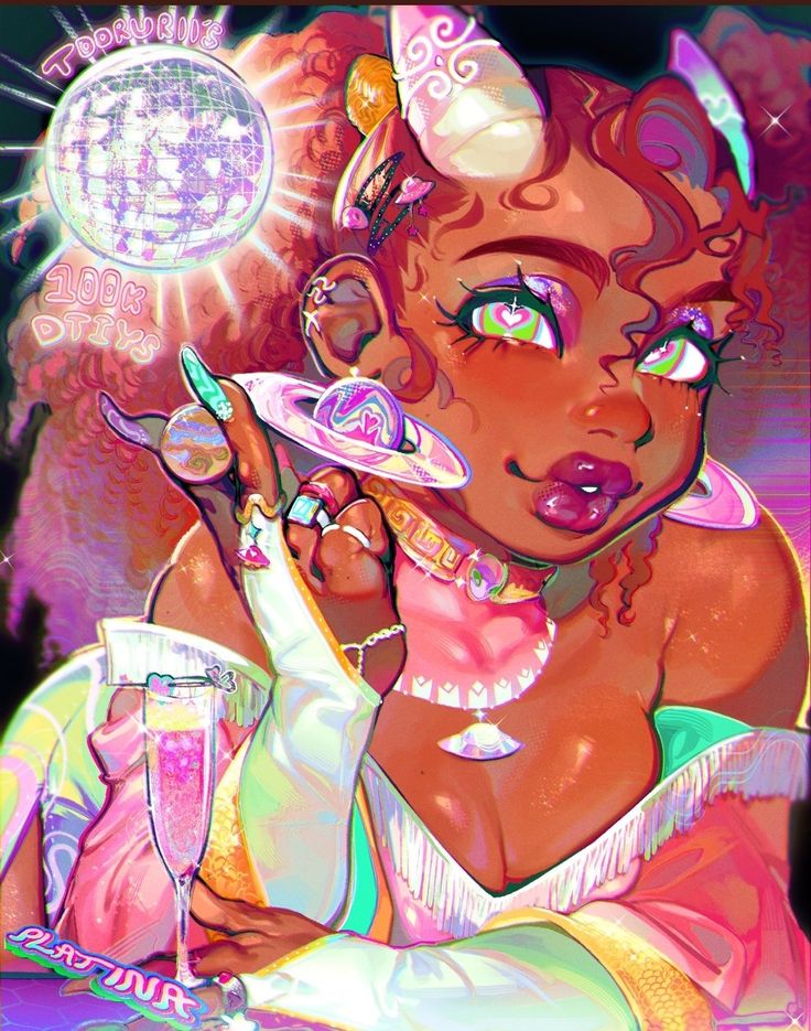 a digital illustration of a black woman with curly hair wearing a pink and gold outfit. she has a disco ball in her hand and a planet ring on her finger. she has pink and green makeup and is looking directly at the viewer.