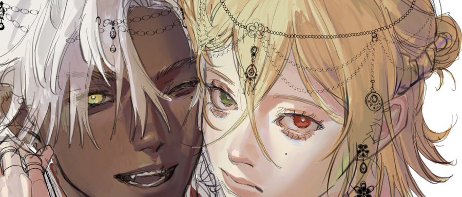 a digital drawing of a male and a female anime character in a close up shot. the male is on the left and has white hair with a darker skin tone, while the female is on the right with blonde hair. they both have necklaces and earrings.  the male is looking down at the female with a mischievous grin, and the female is looking at the male with wide eyes and a slight pout.  they are both drawn in a style that is reminiscent of anime and manga.