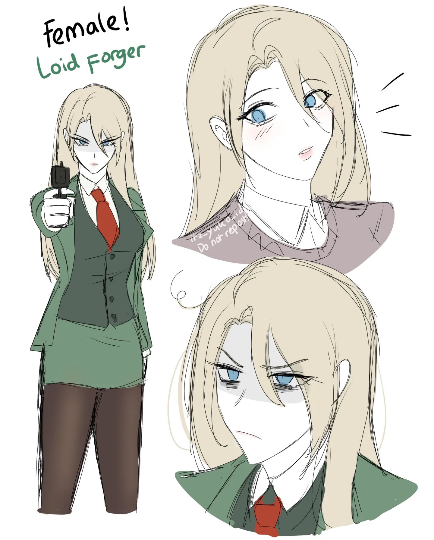 the image is a collection of fan art sketches depicting a female version of loid forger from the anime/manga spy x family.  the main sketch shows a woman dressed in a green suit, holding a gun, mirroring loid's style but with feminine features.  there are two additional smaller sketches showing variations of her facial expression – one with a softer, more demure look and another with a more serious or slightly annoyed expression. the title "female! loid forger" is clearly visible at the top. the style is loose and sketchy, characteristic of quick concept art or character design exploration.