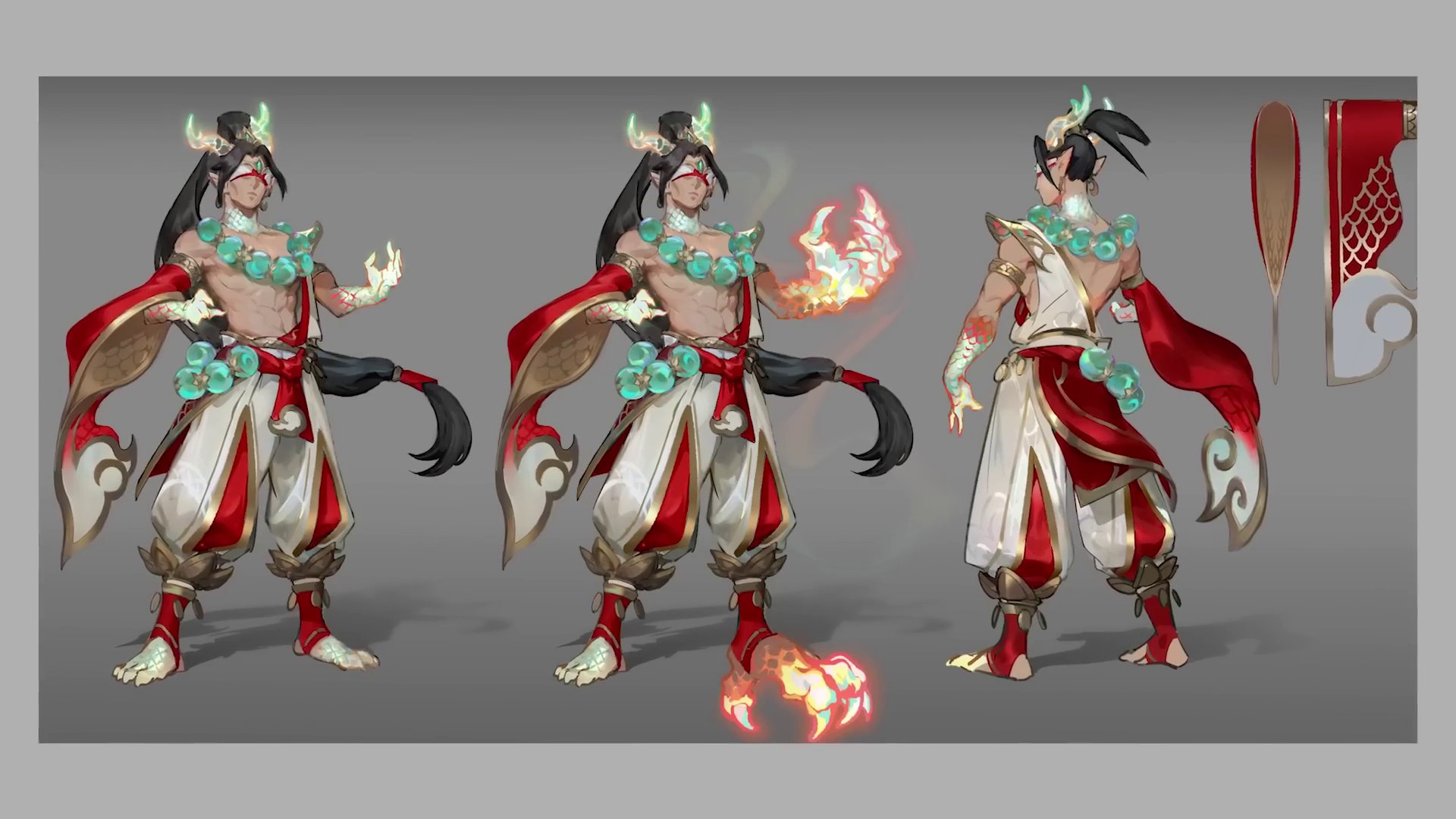 he image showcases concept art for a video game character.  the character is a male, seemingly of asian or chinese inspiration, with demonlike horns,  a partially bare torso, and elaborate clothing in shades of red and white with ornate details. he possesses glowing, clawed hands and feet, suggestive of magical abilities. three views of the character are presented: front, side, and back.  additionally, designs for a fanlike weapon are included. the art style is digital painting, with a focus on detailed costume design and fantastical elements.