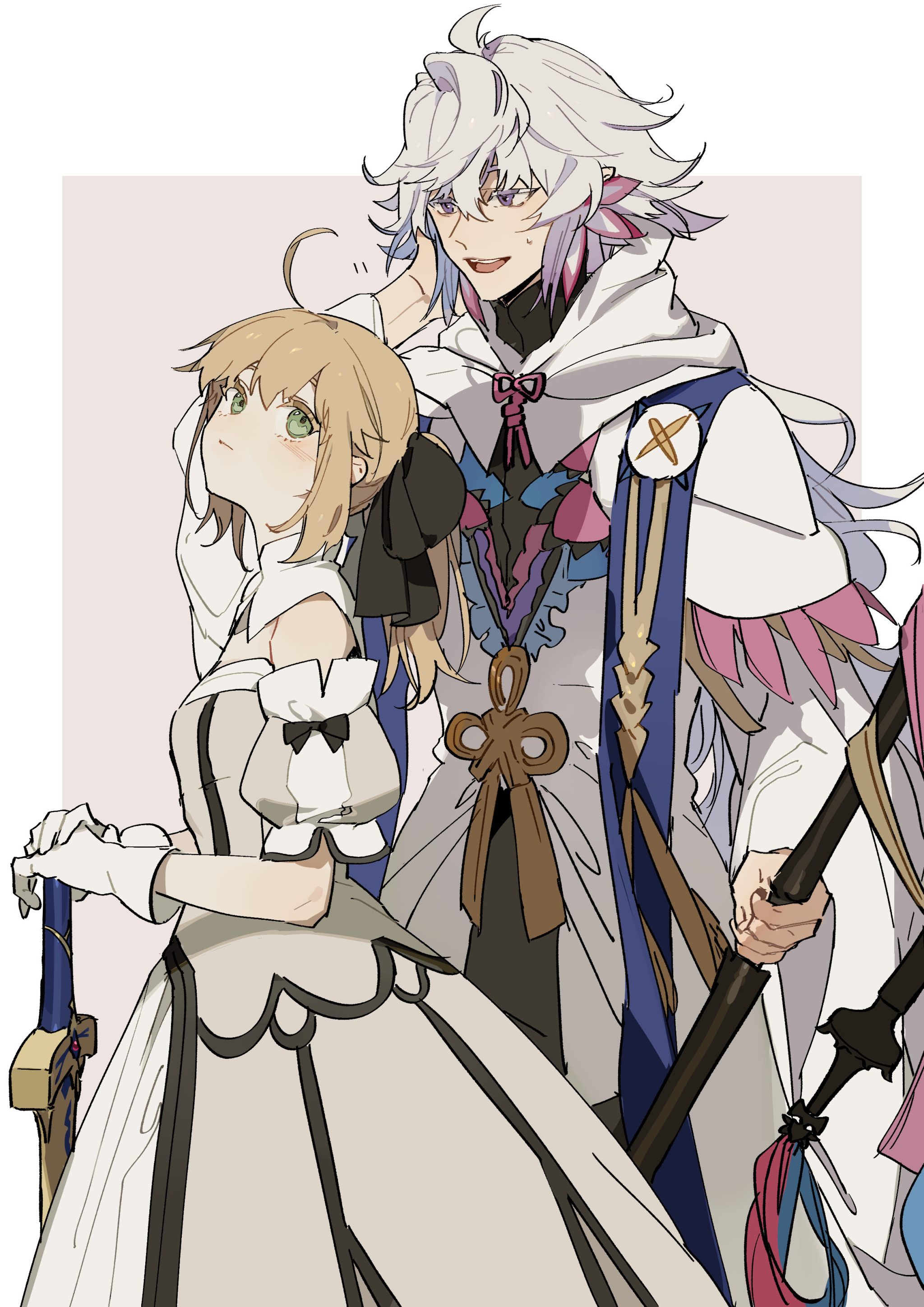the image is an illustration of two characters from fate/grand order. on the left is artoria caster, with her blonde hair, green eyes, and wearing a white dress with black ribbon details. she is holding a sword. on the right, partially obscured, is merlin, characterized by his white and purple hair, and wearing a white robe with blue and gold accents. he has a staff in his hand and is touching artoria's head with his hand. the background is a light pink color.