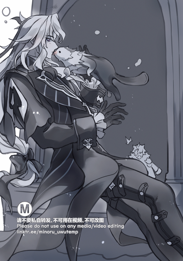 a black and white anime drawing of a boy with long, white hair wearing a black coat and black pants, kneeling and kissing a cat. the cat is white with black spots.  the boy's face is turned away from the viewer. there are three other, smaller, white cats in the background. the image is set in a room that is mostly grey.