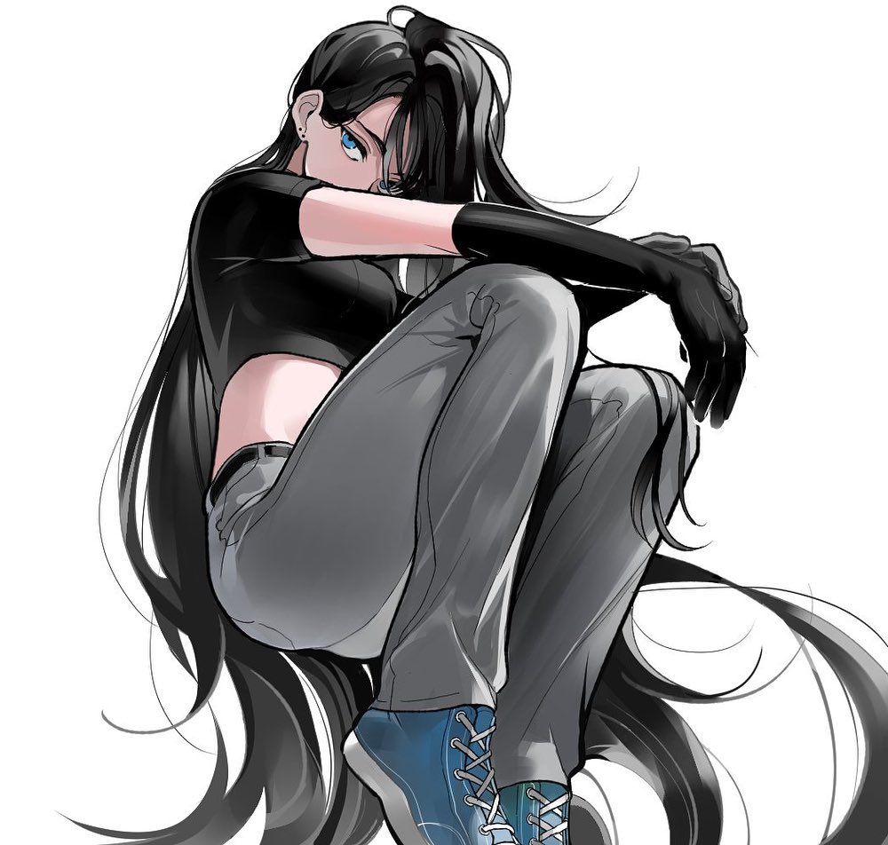 an anime girl with long black hair and blue eyes is sitting with her legs crossed, wearing grey jeans, a black shirt and black gloves. she has blue sneakers on. her hair is flowing behind her and she looks down at the camera with a serious expression. the background is white.