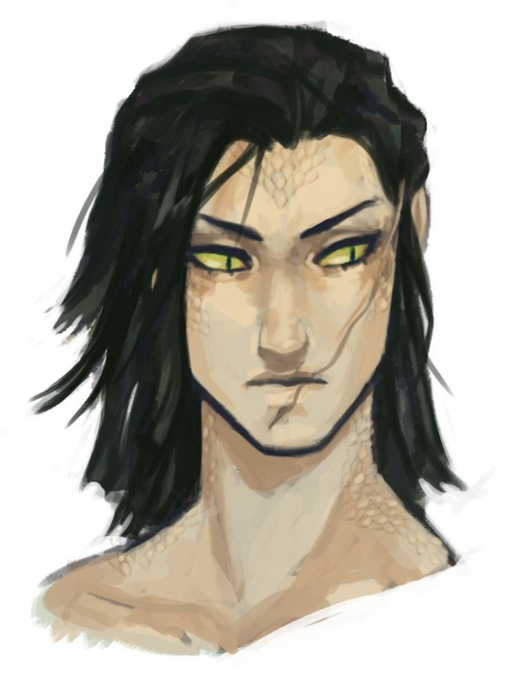 a digital illustration of a woman with scales on her face and neck, she has long black hair, green eyes, and a serious expression.