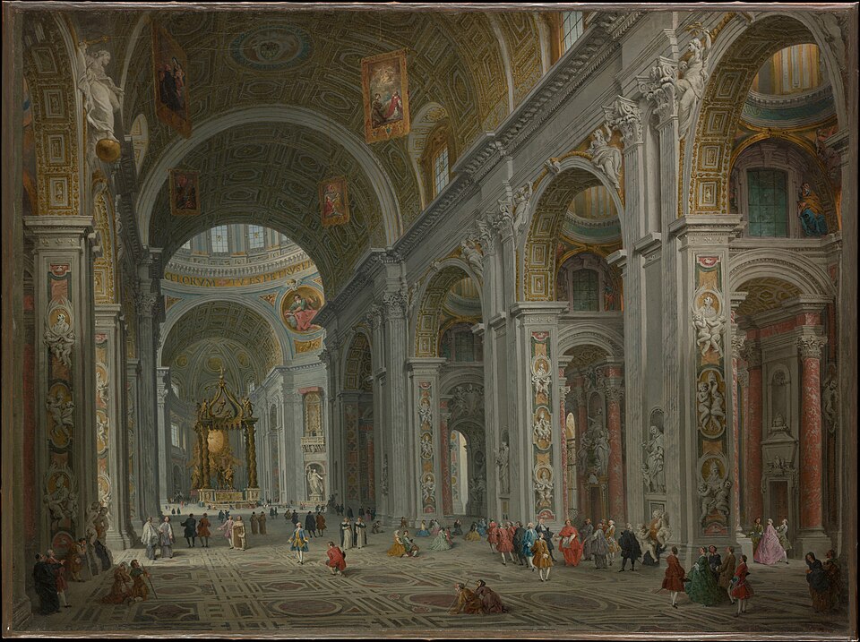 the image depicts a grand interior of a church, likely st. peter's basilica in the vatican. the architecture is characterized by massive pillars, arches, and a large dome overhead. paintings and statues adorn the walls and columns. a crowd of people, including clergy and individuals in period clothing, are scattered throughout the space, walking, sitting, or standing in groups. the marble floor adds to the sense of grandeur. the perspective emphasizes the scale and depth of the building, and the light and shadow create a dramatic effect.