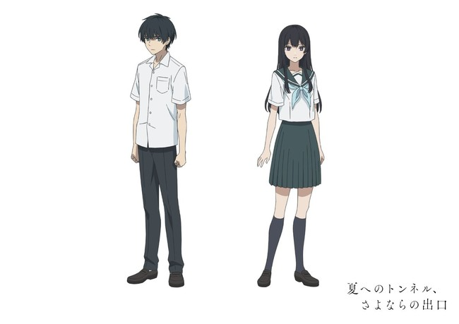 a boy and a girl, seemingly high school students in their uniforms, stand apart against a plain white background. the boy, with short black hair, wears a white shortsleeved buttondown shirt, black pants, and black shoes. he has a neutral expression. the girl, with long black hair and bangs, wears a typical japanese school uniform  a white sailor top with a teal scarf, a pleated black skirt that falls above her knees, and black kneehigh socks with black shoes. she also maintains a neutral expression.