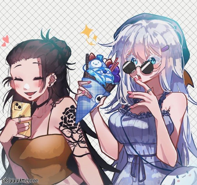 the image is a digital drawing of two animestyle girls. one girl has long, dark brown hair styled in a high bun, and is wearing a brown tank top and has a small tattoo on her upper arm. she's holding a gold smartphone and seems to be taking a selfie. the other girl has long, flowing white hair, is wearing a light purple sundress and dark sunglasses, and is holding a colorful crepestyle dessert. both girls are smiling and appear to be friends, enjoying a summer day together.  the art style is soft, cute, and pasteltoned. the overall aesthetic is trendy and kawaii.