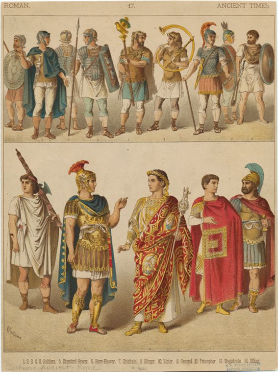 the image depicts a group of roman soldiers and officials in various costumes and armor. the top row shows soldiers with helmets, shields, and spears, along with musicians holding musical instruments. the bottom row features officials dressed in robes and armor, including a lictor, general, triumpher, magistrate, and officer. the image is labeled "costume ancient rome" and provides numbers corresponding to each figure.