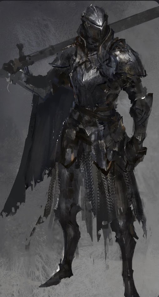 a dark knight standing in a shadowed environment, wielding a long sword. the knight is clad in heavy, detailed armor and a long, flowing cloak. the image emphasizes the knight's silhouette and the ominous atmosphere.