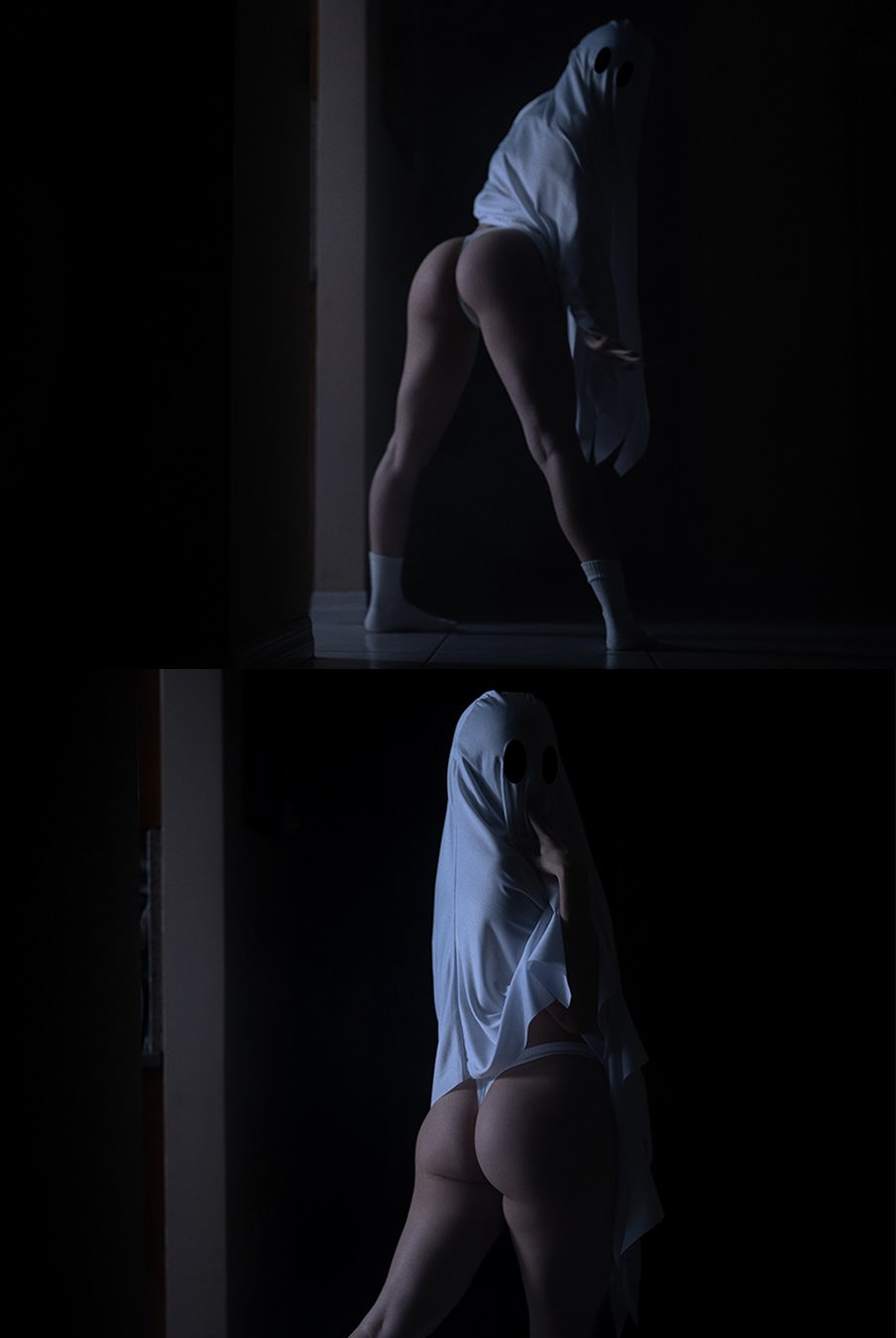 the image contains two images of a person dressed as a ghost, wearing a white sheet with eye holes cut out. the person is nude except for white socks in the top image and a white thong in the bottom image. the background is dark, with a doorway visible on the left side. the poses are suggestive.