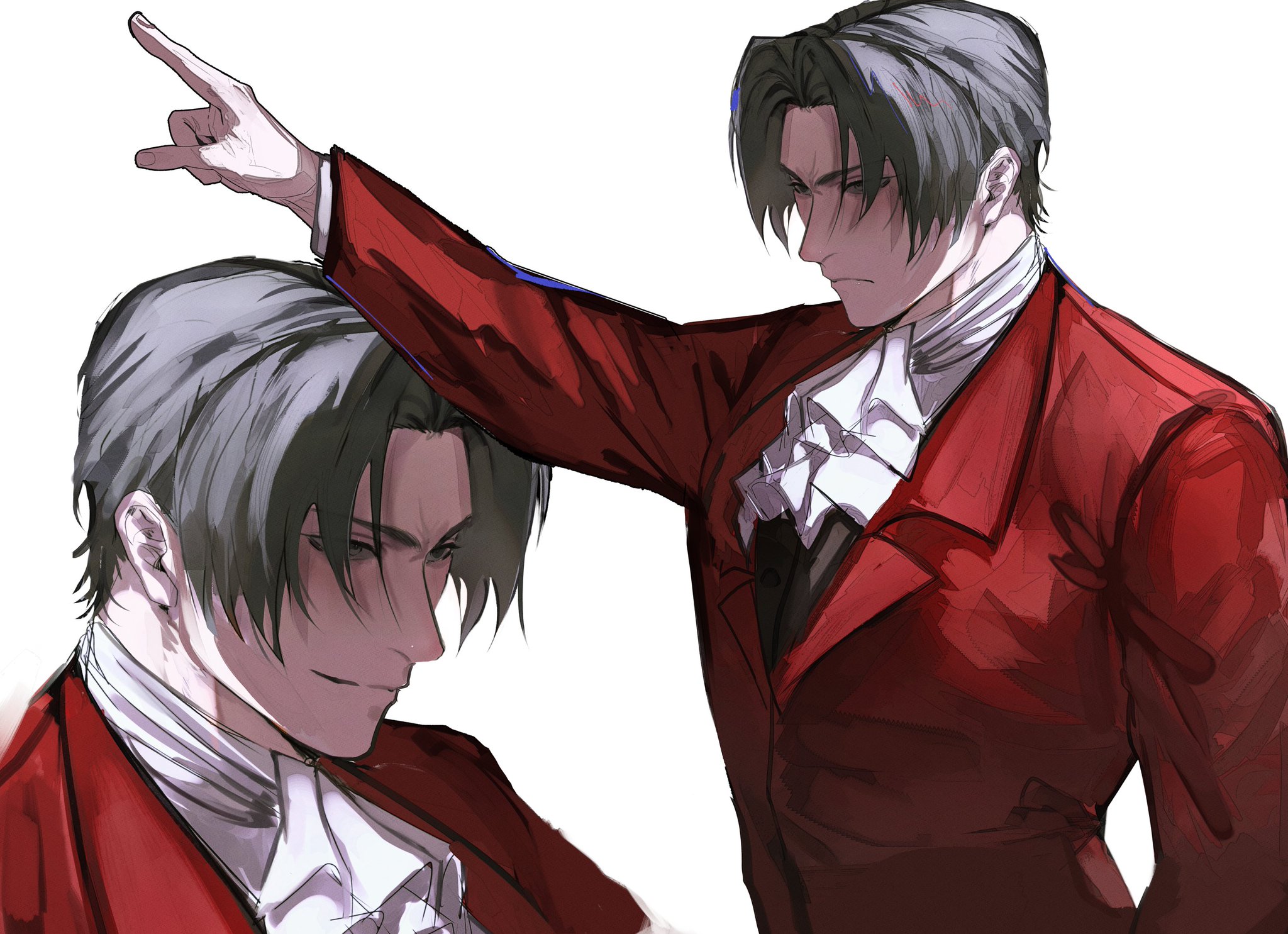 the illustration features two anime characters who are men with dark grey hair and grey eyes. the men are wearing the same outfit: a red suit, white collar, and a black tie. one man has his arm raised, pointing to the other, and has a serious expression while the other man has a smug or confident expression. the illustration has a cool and elegant style.