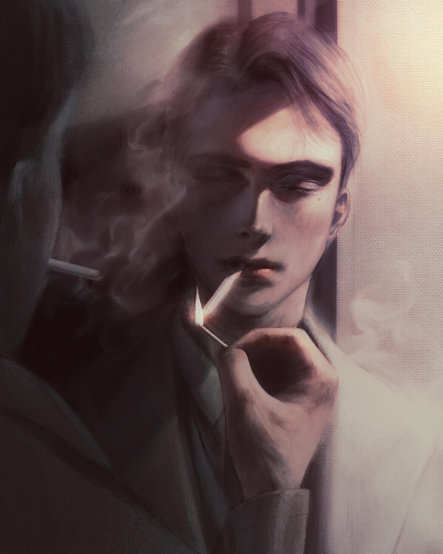 the image portrays a man in a contemplative mood, smoking a cigarette. the scene is indoors, with soft, warm light coming in from a window. the man's reflection is visible, creating a sense of depth and introspection. the overall mood is moody and atmospheric, reminiscent of film noir. the palette consists of muted grays and browns, further enhancing the dramatic ambiance.