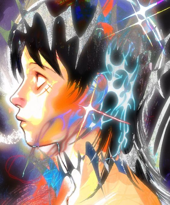 the image is a psychedelicinspired digital art portrait. the subject is a young man or boy with long dark hair and a scar on his left cheek. he is depicted in profile view, his head and shoulders filling most of the frame. the background is an abstract swirl of colors and shapes. the overall effect is one of energy and intensity. the color palette is bright and vibrant, with high contrast between the light and dark areas.