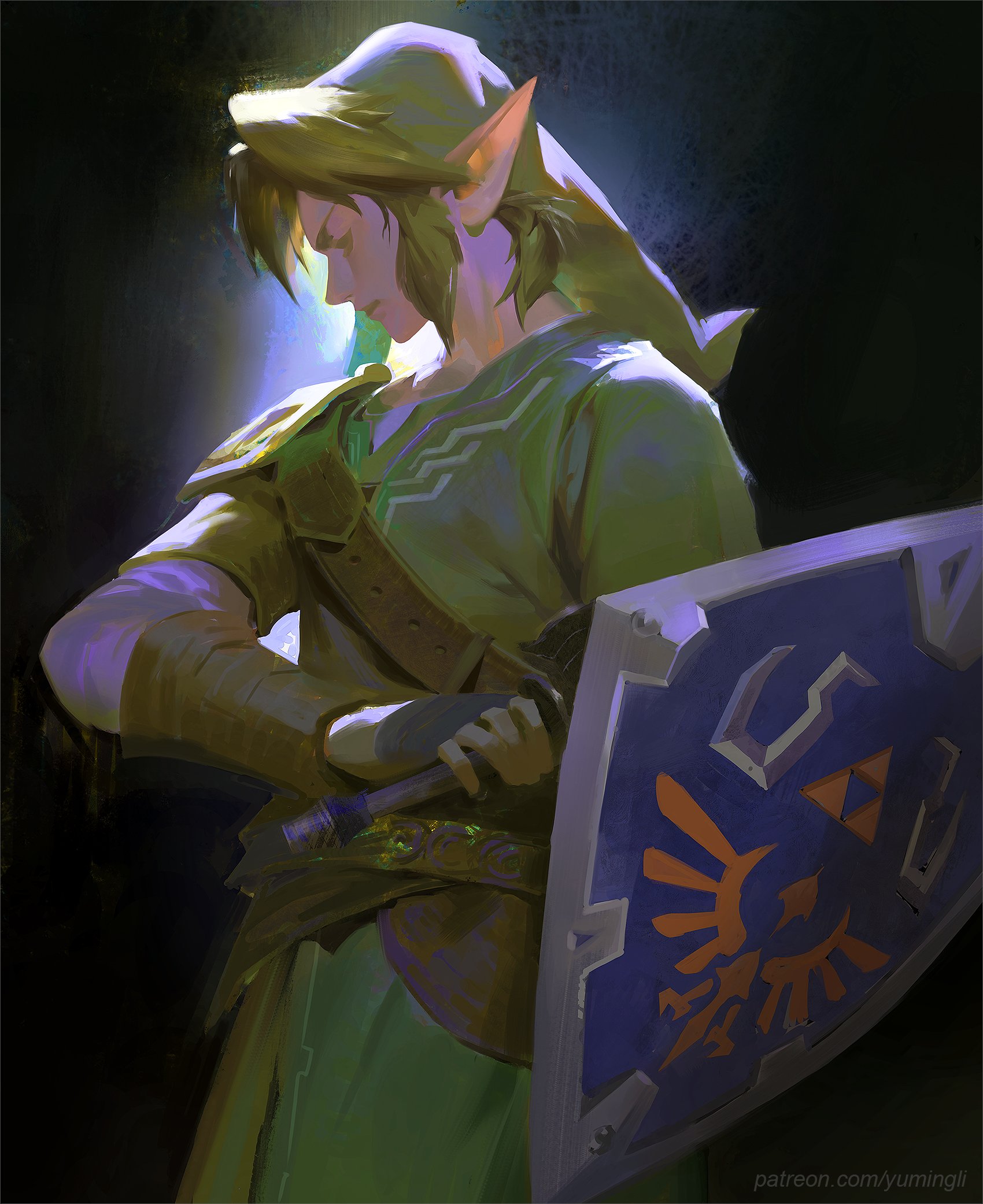 this is a digital illustration of link, the main protagonist of the legend of zelda video game series. he is depicted in his classic green tunic and cap, holding his master sword and hylian shield. link is standing in a dimly lit environment, and his face is partially obscured by his cap and a serious expression. the background of the image is blurry, which draws attention to link and his iconic weaponry. the image is a visually compelling representation of the beloved video game character.