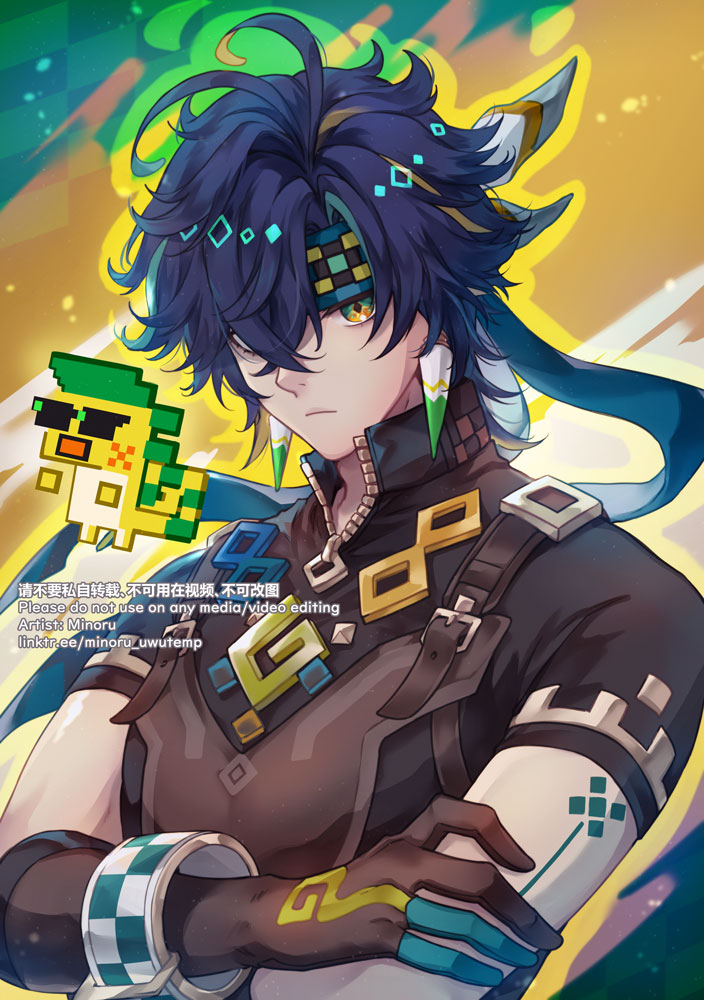 this image is a digital drawing of an anime male character with blue hair and green eyes. he is wearing a yellow and green outfit with a pixel art character on his shoulder. the character is standing in front of a yellow and green background.  the art style is similar to manga and anime artwork.  this artwork is well drawn with attention to detail.