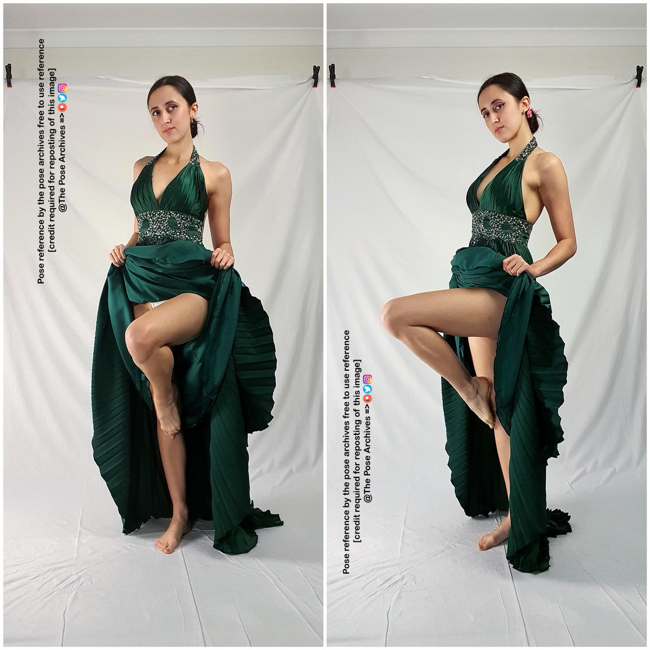 a young woman poses in a studio setting, showcasing an elegant emerald green halter gown. she stands with one leg raised, revealing the flowing fabric and the white lining of the dress. her hair is styled up, accentuating her neck and shoulders.  the soft lighting and neutral backdrop highlight the model and the details of the dress.