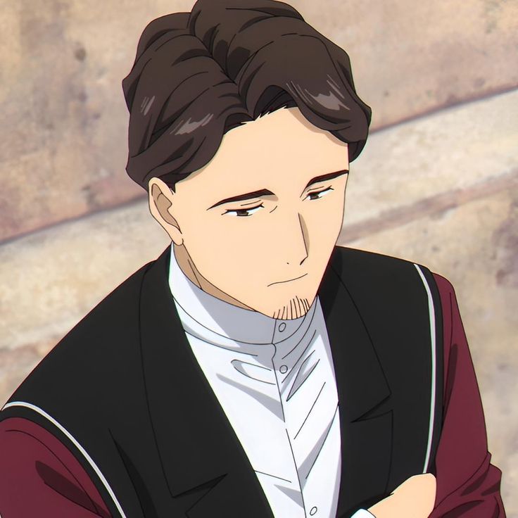 the image features a closeup illustration of a young man with a contemplative expression. he has short, styled brown hair, a light complexion, and a subtle goatee. his attire consists of a white highcollared shirt with intricate buttons, a black vest, and a stylish red and black jacket. the background is a blur of beige and brown tones, suggesting an indoor setting. the lighting is soft and warm, casting gentle shadows on his face.