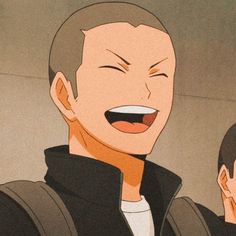 the image shows a young man with shortshaven hair, smiling broadly with his eyes closed. he appears to be happy and carefree. the art style is characteristic of anime or manga, with distinctive features like large eyes and simplified facial details. he's wearing a darkcolored jacket with a white shirt underneath. the background is a muted beige color.