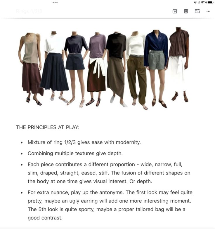 the image displays a collection of different fashion styles, showcasing principles of design like proportion, texture, and the juxtaposition of contrasting elements. it features various outfits with descriptions.
