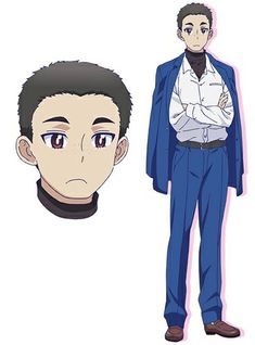 this is a character design sheet for an anime boy. he is wearing a blue suit with a white shirt and a black turtleneck. he has short, dark hair and brown eyes. the background is white.