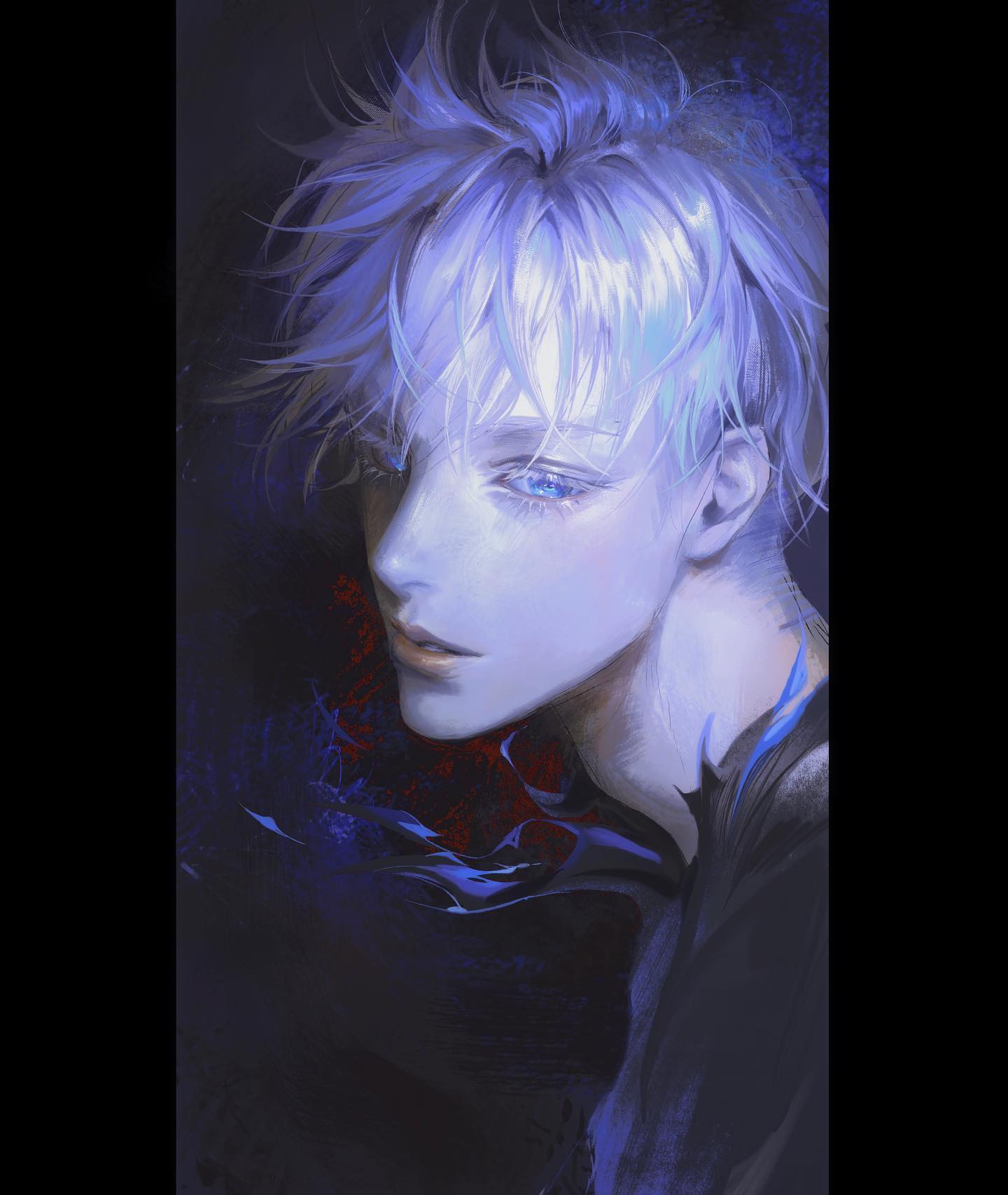 the image features a portrait of a young man with striking white hair and piercing blue eyes. he is set against a dark, abstract background with hints of blue and red, creating an ethereal and otherworldly atmosphere. the lighting is moody and dramatic, emphasizing his sharp features and adding a touch of mystery. the perspective is a closeup, focusing on his face and upper body, and taken from a slightly downward angle. his expression is pensive, with a hint of sadness in his eyes. the overall aesthetic of the image is reminiscent of anime and manga styles, with a strong emphasis on digital art techniques.