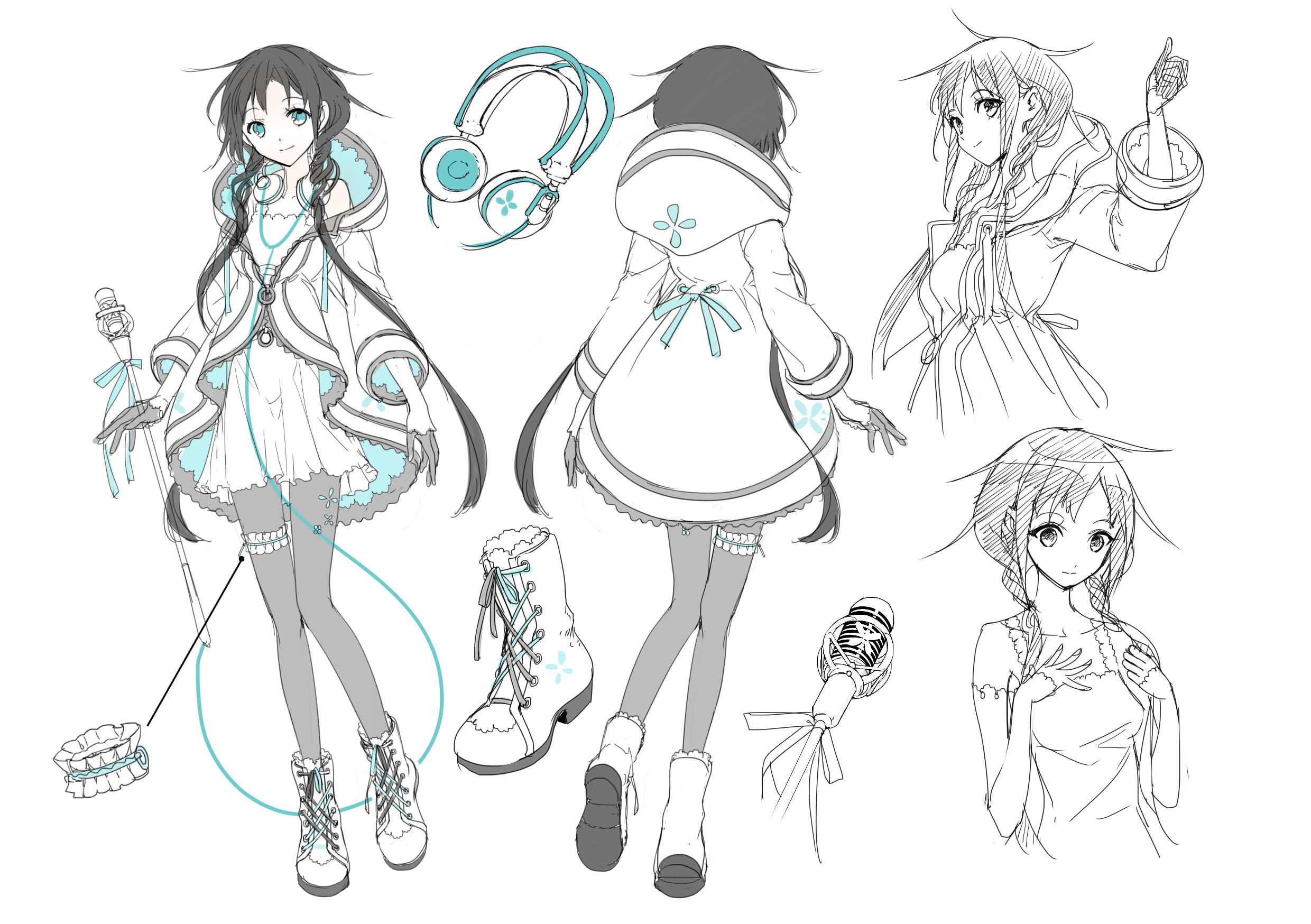 this black and white digital sketch shows four different views of the same original female character concept design. the character is a young woman with long dark hair in a winter outfit with a dress, thigh highs, and boots. she is also wearing large headphones and holding a microphone. there are also some smaller detail sketches of her outfit.