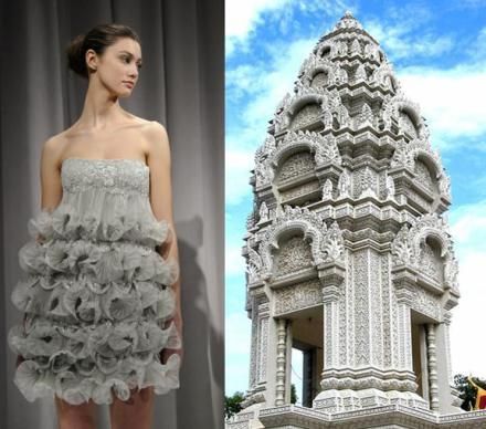a young woman in a white, ruffled dress poses in front of an ornate asian temple.  the woman's hair is styled, with loose, brown curls. the dress is made of delicate lace and is fitted at the waist with a voluminous skirt. the woman is smiling and looks happy, her pose is natural and relaxed.  the temple,  a tall, white structure with many intricate details, is a religious structure and is a popular tourist destination.  the image is wellcomposed and uses light and shadow effectively to create a dramatic and elegant mood.  the woman's dress is the focal point of the image and is showcased beautifully in front of the temple.  overall, the image is a beautiful and inspiring look at the beauty of fashion and architecture.