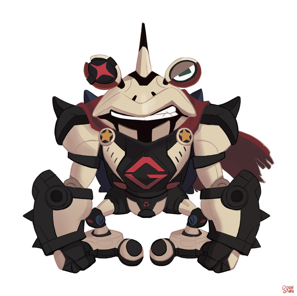 a cartoon illustration of a froglike robot character. the character is wearing white, black, and red armor with gold accents. it has a mischievous grin and a determined stance. the art style is digital and has a clean and polished look.