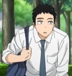 a young man with short dark hair and tired eyes is depicted in an anime style. he is wearing a white dress shirt, blue tie, and likely a school uniform. he has a concerned or worried expression on his face.  he's holding the strap of a darkcolored backpack slung over his shoulder. the background suggests a park setting with trees and soft lighting, possibly indicating daytime.