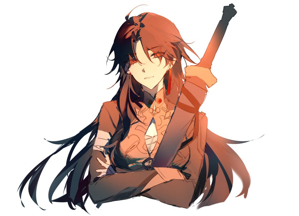 a digital illustration of an anime style female warrior. she has long black hair, red eyes, and is wearing a red and orange outfit with a sword on her back. she is looking to the right. the background is white.