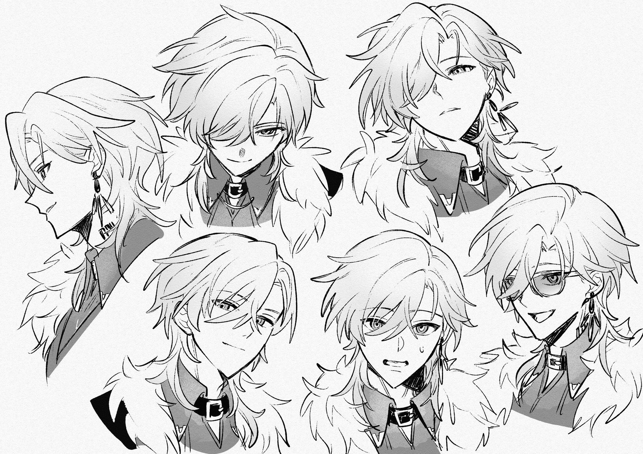 the image contains multiple sketches of an animestyle male character with long white hair. the character is depicted in various poses and expressions, showing a range of emotions.  each sketch is detailed and shows attention to hair, clothing, and facial features. the style is reminiscent of manga or anime art. the overall tone is elegant and stylish.