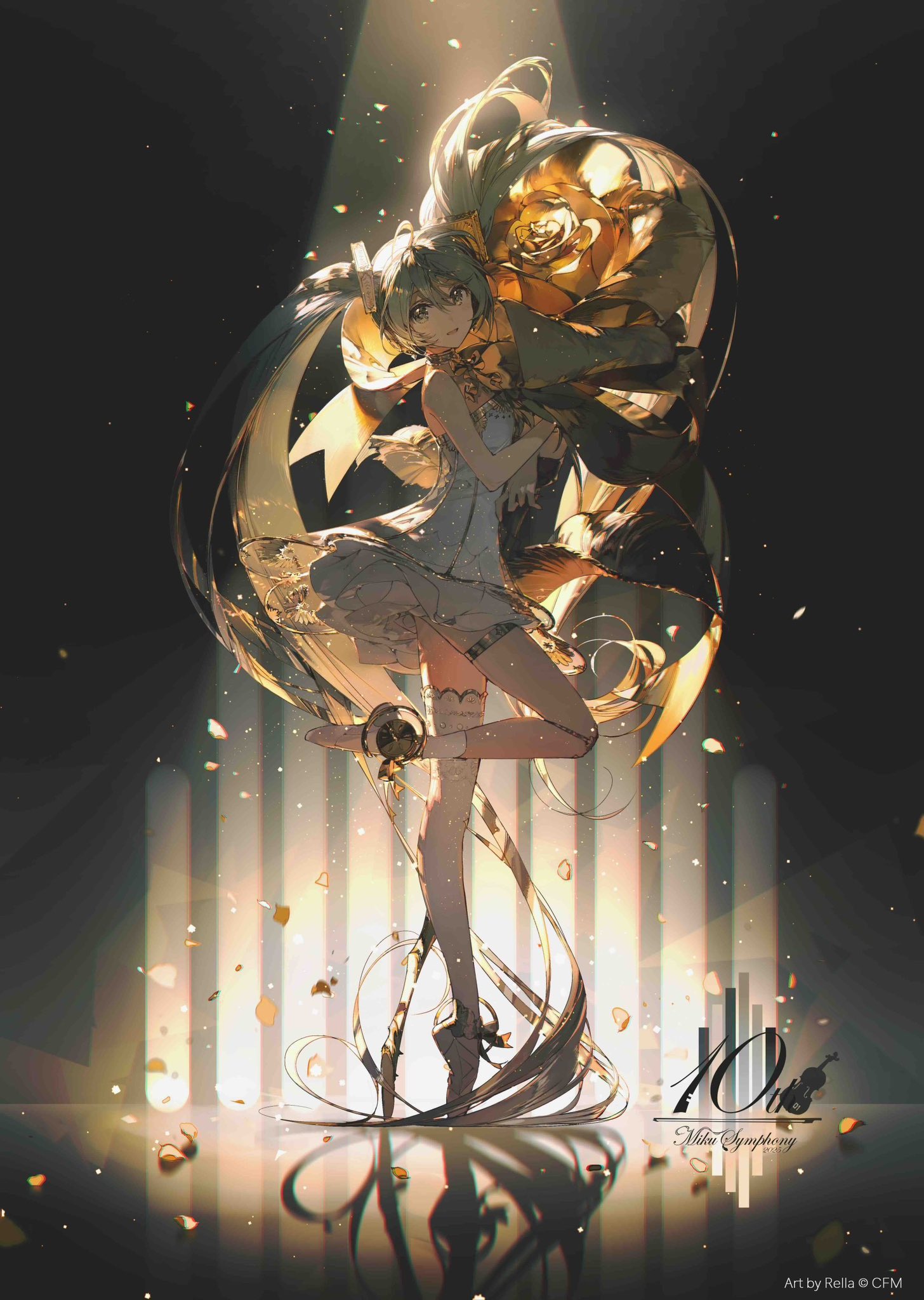 the image is a vertical anime style digital artwork featuring a female character, likely a ballerina, in a ballet pose. she is wearing a short, white dress and pointe shoes. behind her is a large, stylized gold rose. she has long, flowing hair and ribbons that swirl around her. she's on a reflective stage illuminated by spotlights. the art is labeled as miku symphony 10th anniversary and is attributed to rella and cfm.
