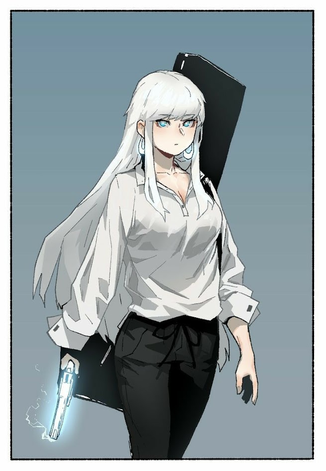 a drawing of an anime girl with white hair, wearing a white shirt and black pants, holding a blue weapon. she's standing in a grey background and seems to be ready for combat.