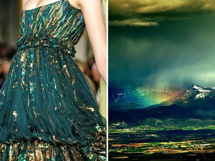 the image is a split image. the left side of the image shows a model wearing a green and gold dress. the dress is made of a flowing fabric and has a fitted bodice with a full skirt. the model is standing in a fashion show, and the background is blurry. the right side of the image shows a landscape with mountains in the background and a valley in the foreground. the sky is cloudy, and there is a rainbow in the distance.