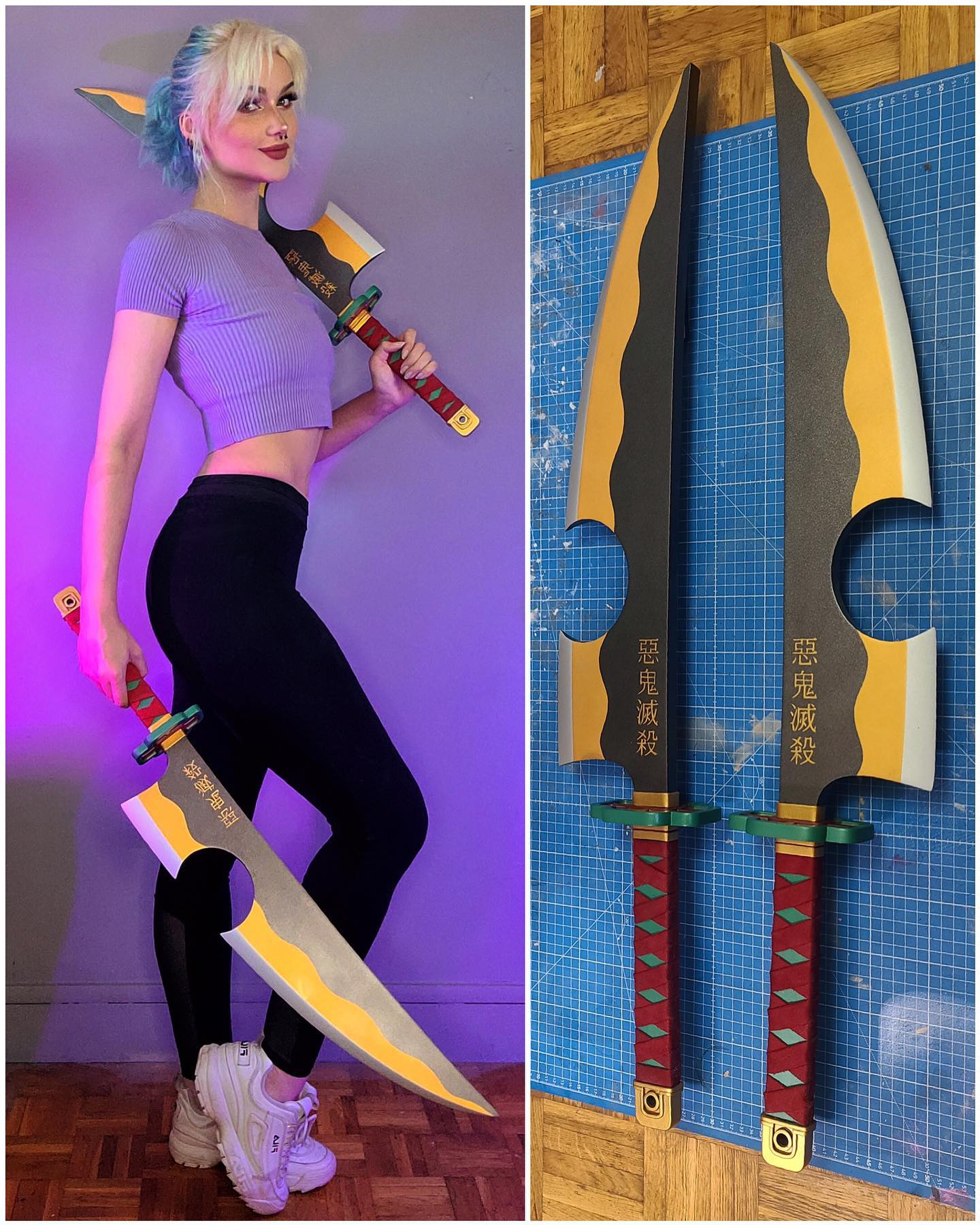 the image is a split image showing a female cosplayer posing with a large, doublebladed sword prop.  the left side displays the cosplayer in a purple top and black pants, holding the finished prop sword. the right side features a closeup shot of two completed prop swords laid on a blue cutting mat, providing a view of the intricate detail and craftsmanship. the swords have a distinct design featuring yellow, black, red, and green accents and display asian characters on the blades. the overall image showcases both the cosplayer's skill in posing with the prop and the quality of the handmade prop itself. the setting appears to be a home studio.