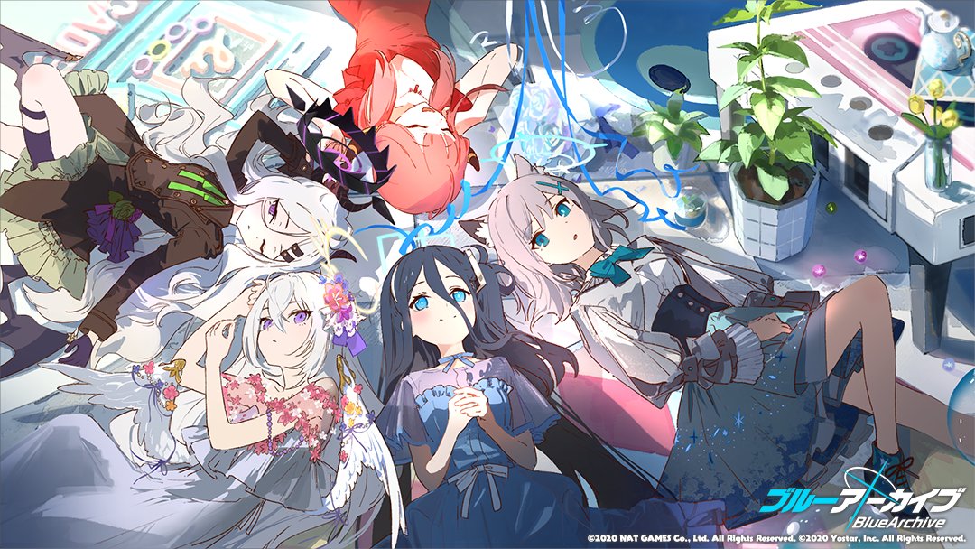 the image is a vibrant illustration featuring five animestyle girls lying down in a seemingly whimsical, magical setting. the girls are dressed in a variety of colorful and detailed outfits, some resembling school uniforms with fantasy elements, others in more elaborate, decorative clothing. they're surrounded by plants, a cassette tape, and other decorative items which enhance the fantasy atmosphere.  the overall style is colorful and detailed, with a focus on the characters' expressions and the vibrancy of their clothes and surroundings. the image prominently features the blue archive logo, suggesting it's promotional art for the game.